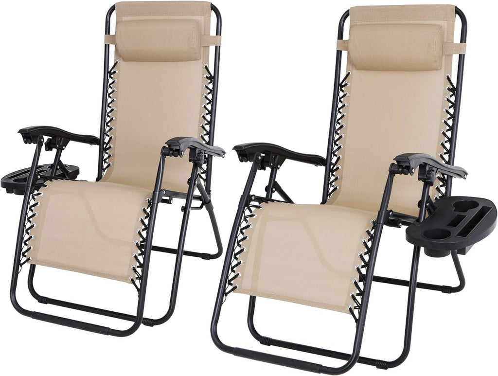 Zero Gravity Lounge Chairs Set of 2 Adjustable Folding Recliners with Cup Holders Q805989