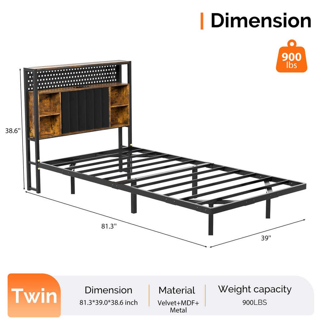 Black Twin Metal Floating Bed Frame with Charging Station and LED Lights V560