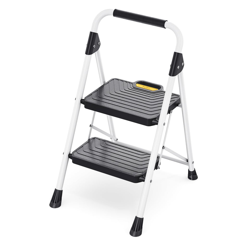2 Step White Folding Ladder with Anti-Slip Pedals M566643