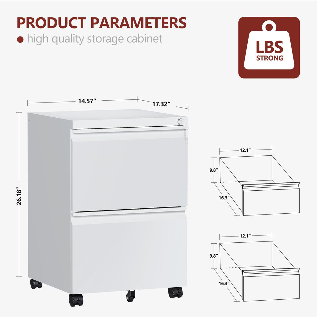 2 Drawer White Metal File Cabinet with Lock and Wheels D102565
