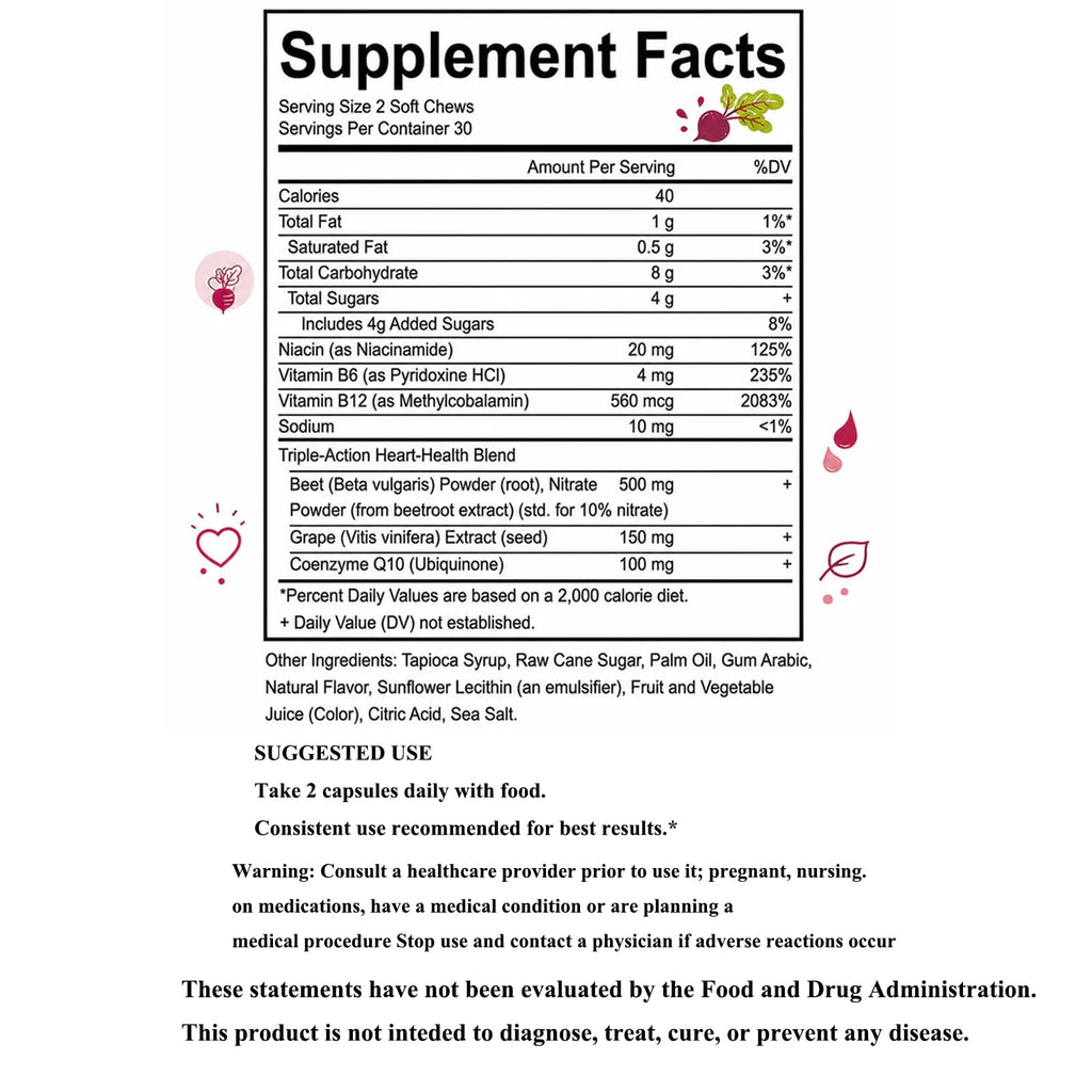 Beet Root Gummies with L-CoQ10 & Grape Seed, Sugar-Free Vegan, 60 Chew H9225