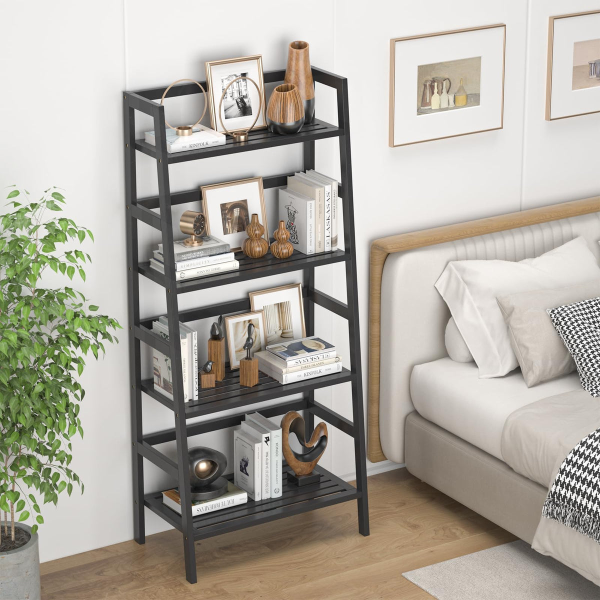 Black 4-Tier Bamboo Ladder Shelf C99186