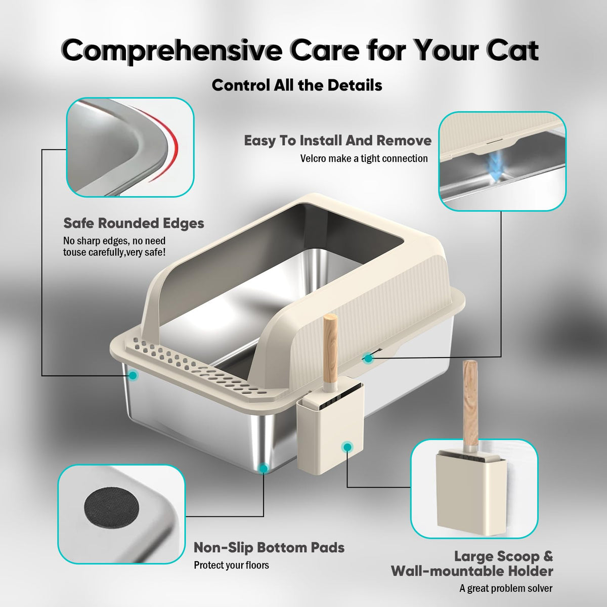XL Stainless Steel Enclosed Cat Litter Box with Lid, Scoop and Mat S801502