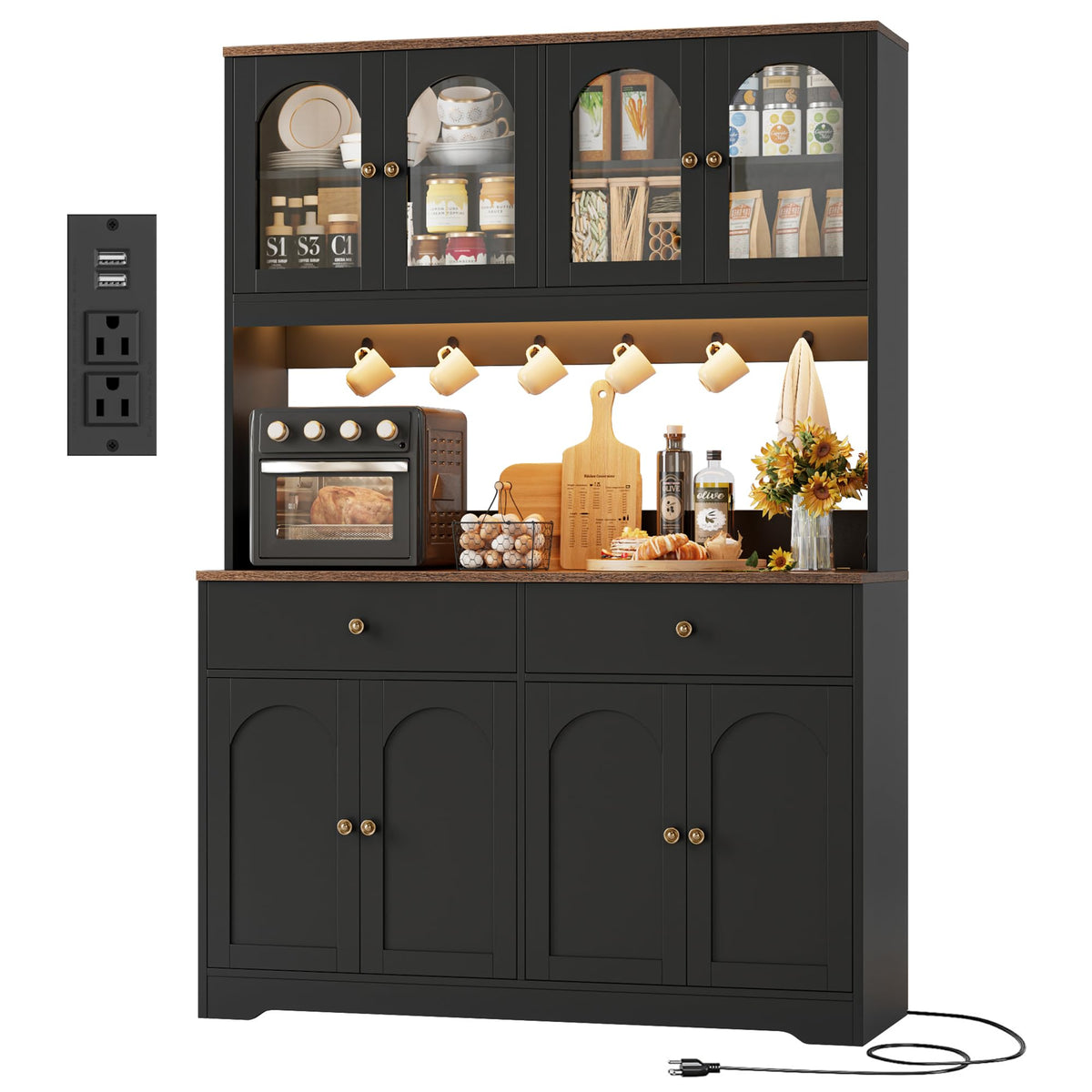 71" Black Kitchen Pantry Cabinet with Power Outlet O483628