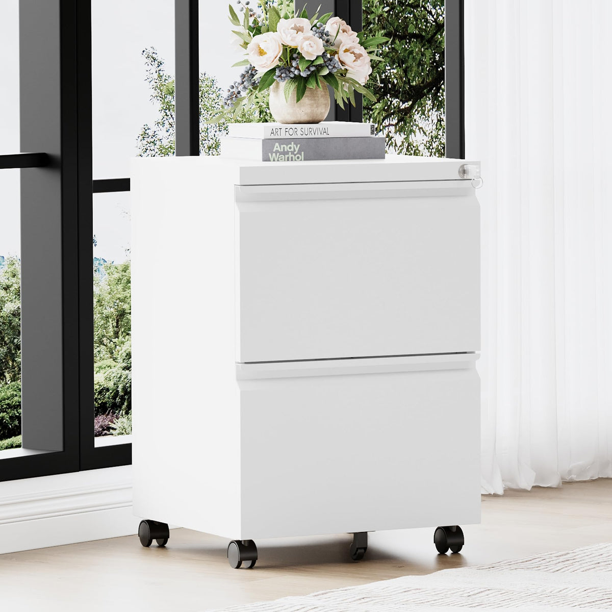 2 Drawer White Metal File Cabinet with Lock and Wheels D102565