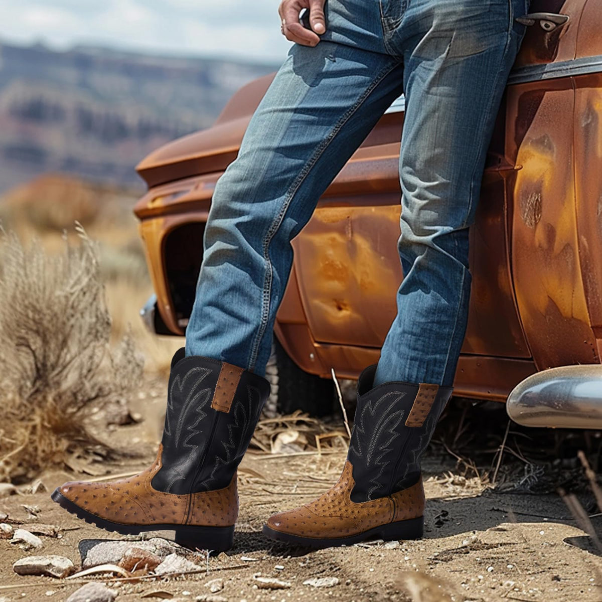 Men's Western Cowboy Boots Square Toe Mid-Calf Boots U995