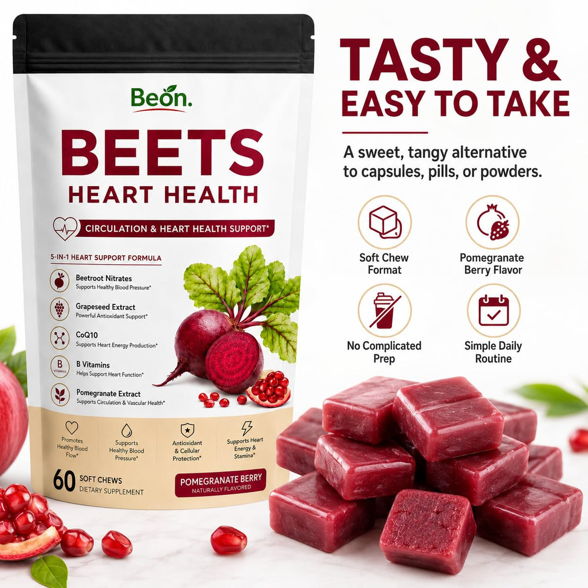 Beet Root Gummies with L-CoQ10 & Grape Seed, Sugar-Free Vegan, 60 Chew H9225