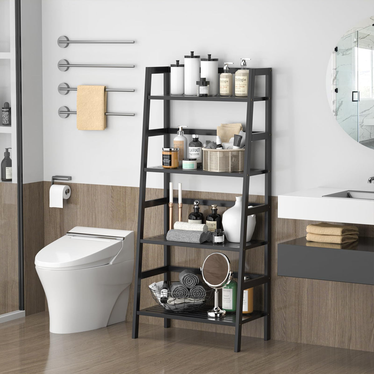 Black 4-Tier Bamboo Ladder Shelf C99186