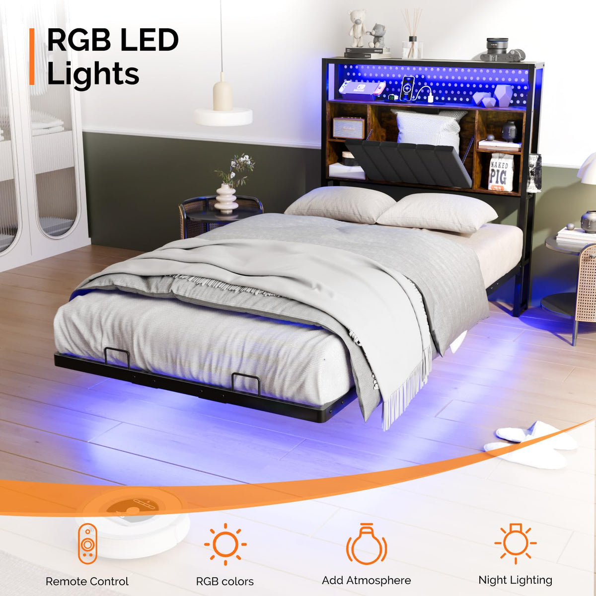 Black Twin Metal Floating Bed Frame with Charging Station and LED Lights V560