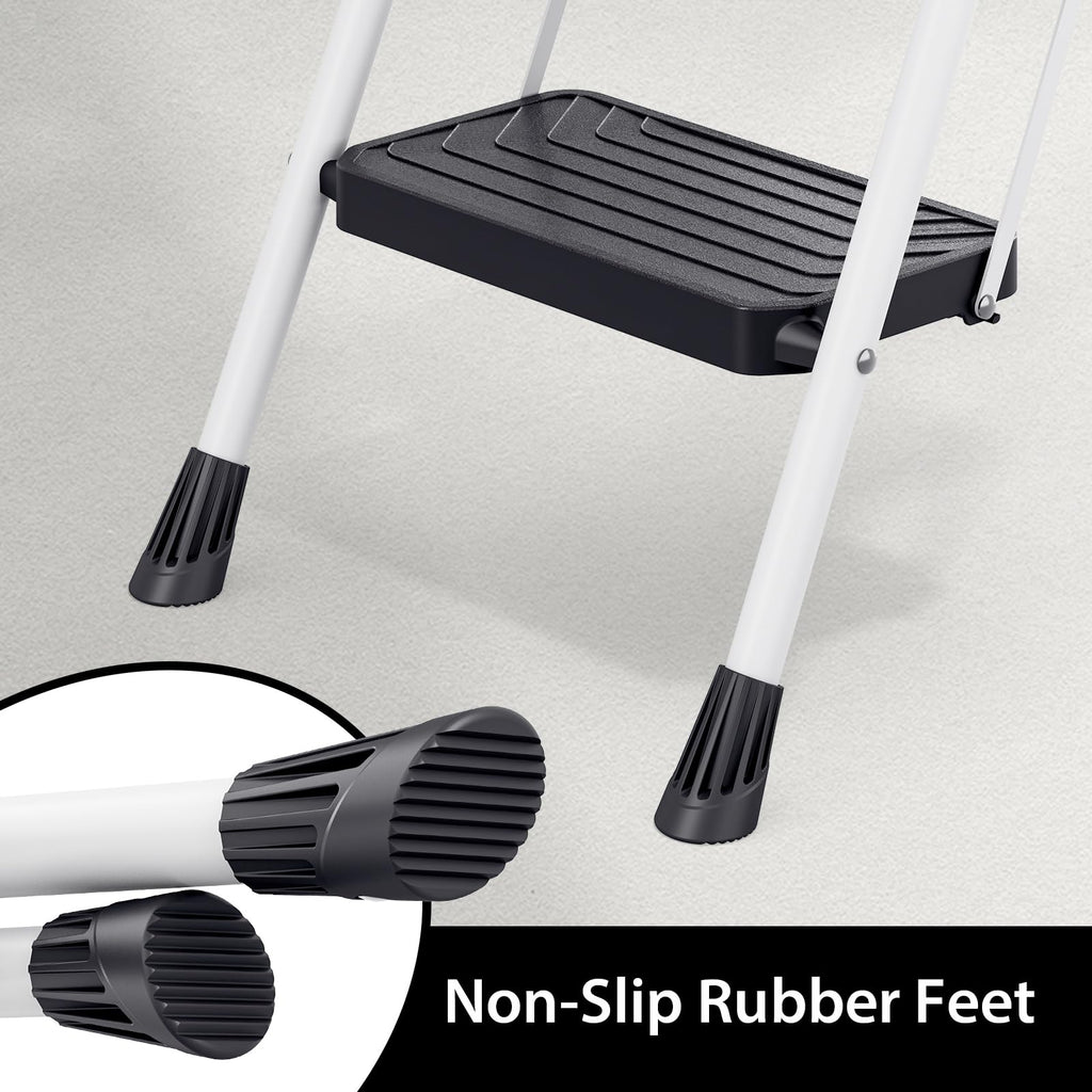 2 Step White Folding Ladder with Anti-Slip Pedals M566643