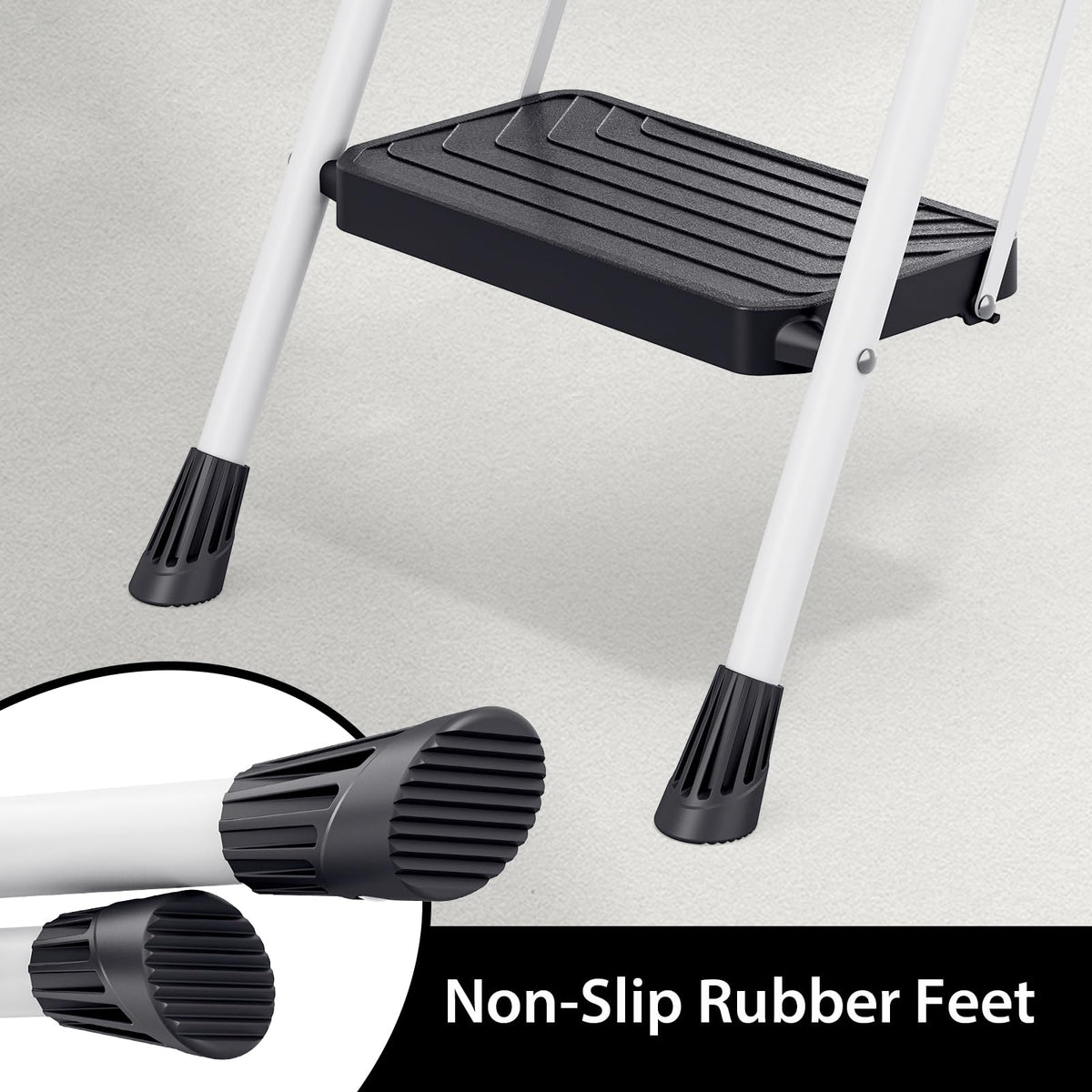 2 Step White Folding Ladder with Anti-Slip Pedals M566643