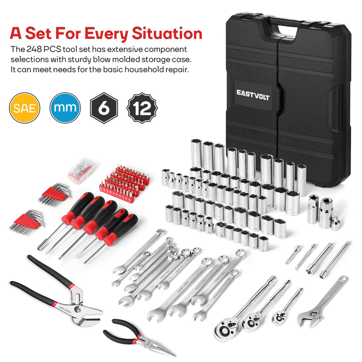 248 Pieces Mixed Sockets and Wrenches Hand Tool Set with Storage Case M69118