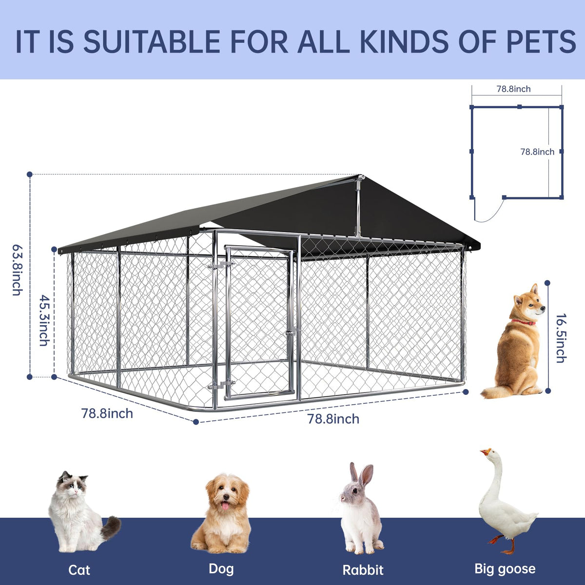 Outdoor Dog Kennel Steel Fence with Secure Lock 78”x 78” R8803