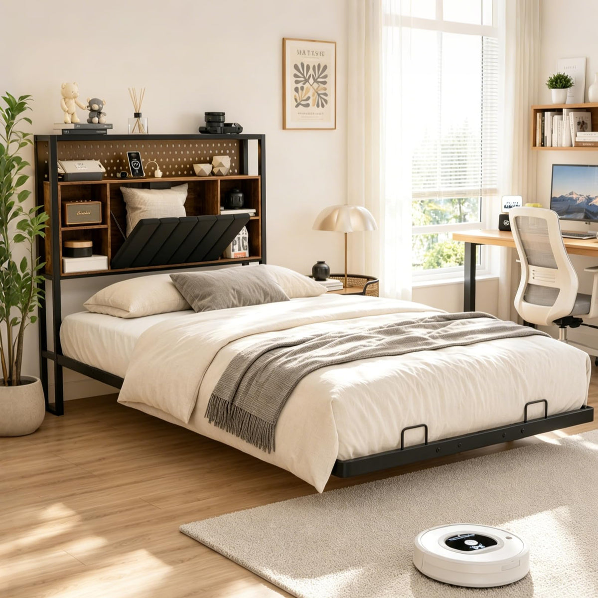 Black Twin Metal Floating Bed Frame with Charging Station and LED Lights V560