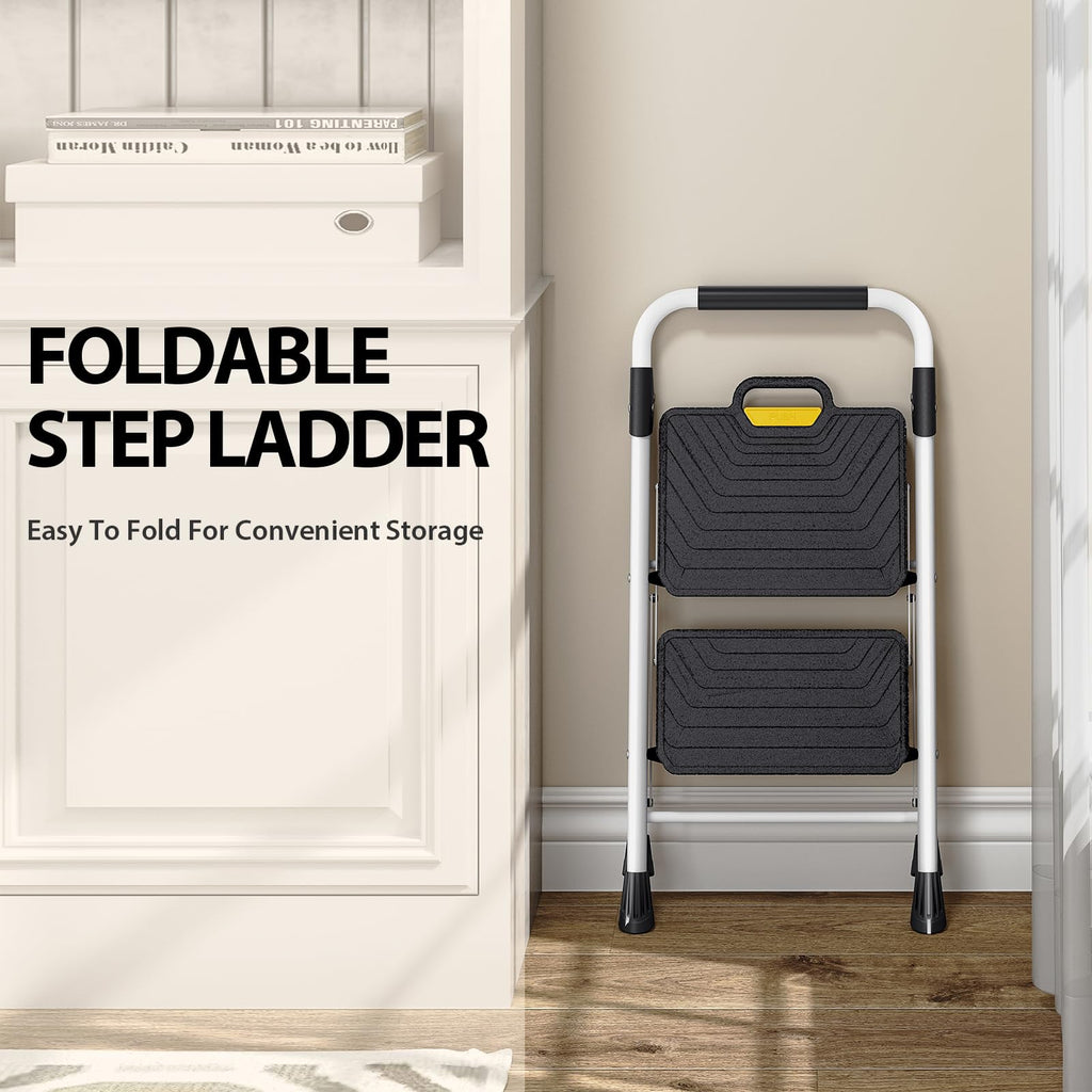 2 Step White Folding Ladder with Anti-Slip Pedals M566643