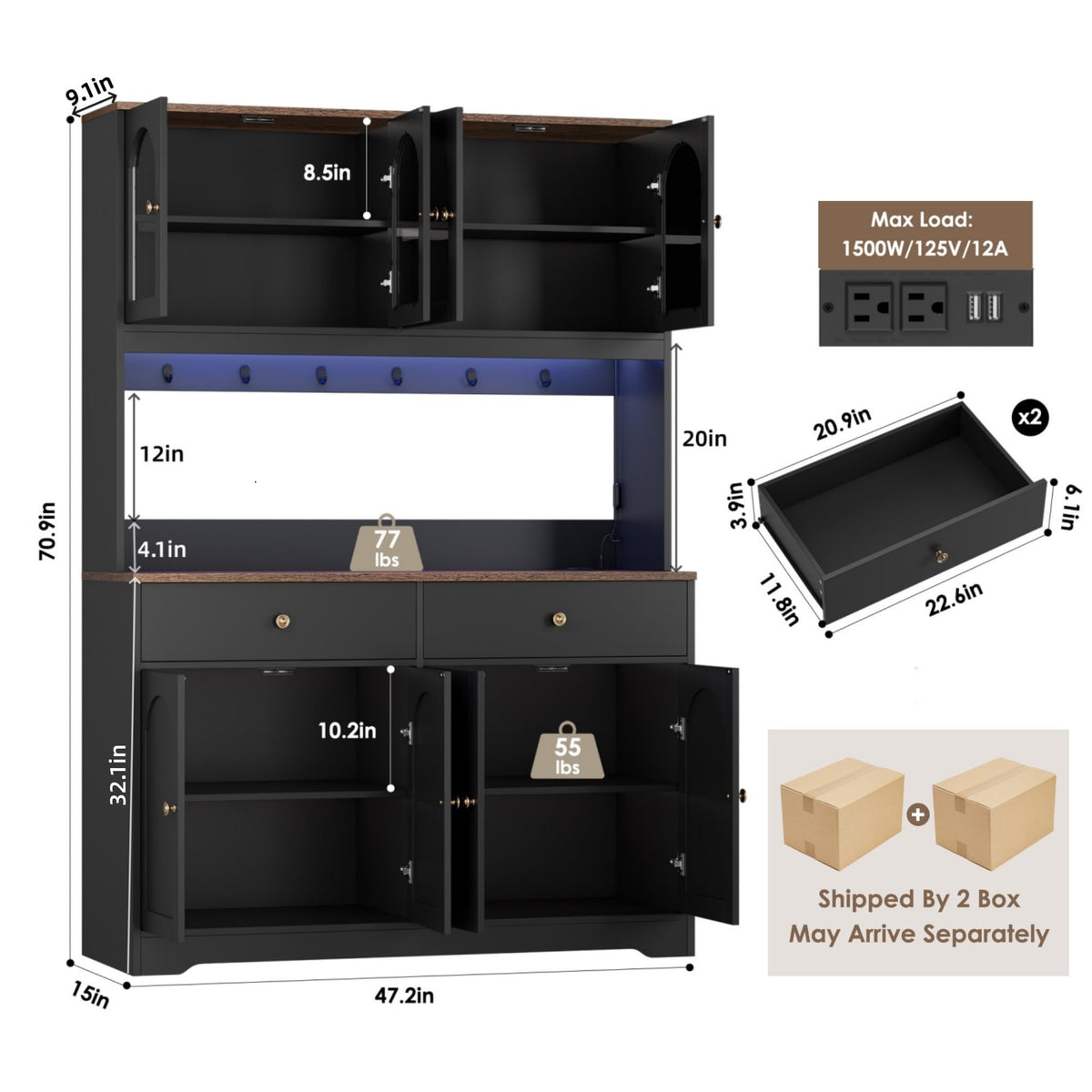 71" Black Kitchen Pantry Cabinet with Power Outlet O483628