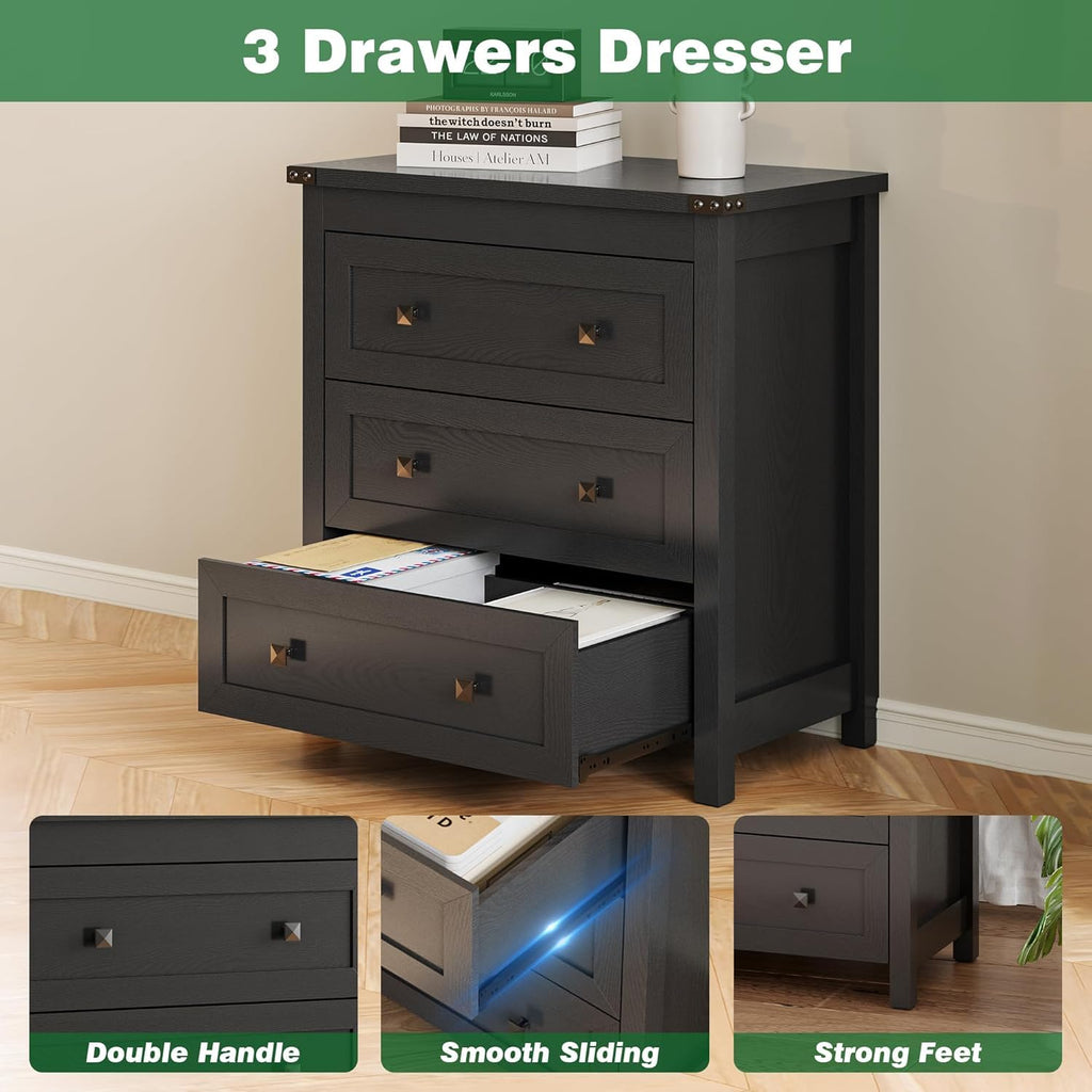 27.6" Wide Black 3 Drawer Wood Nightstand J67991