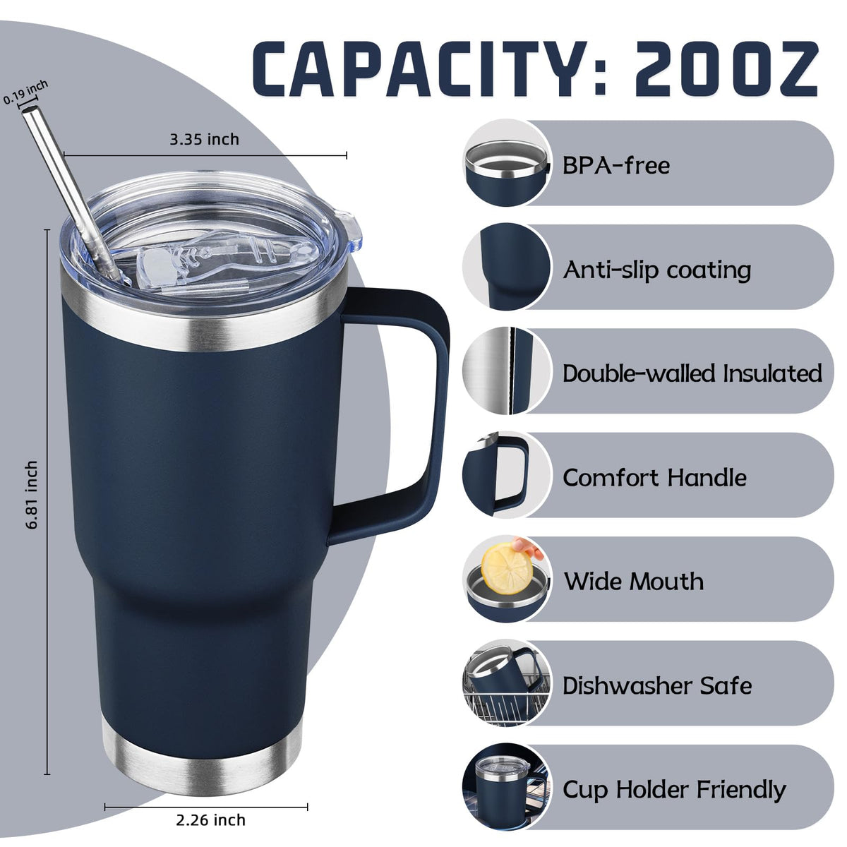 20 oz Stainless Steel Insulated Tumbler with Handle Lid and Straw I562162