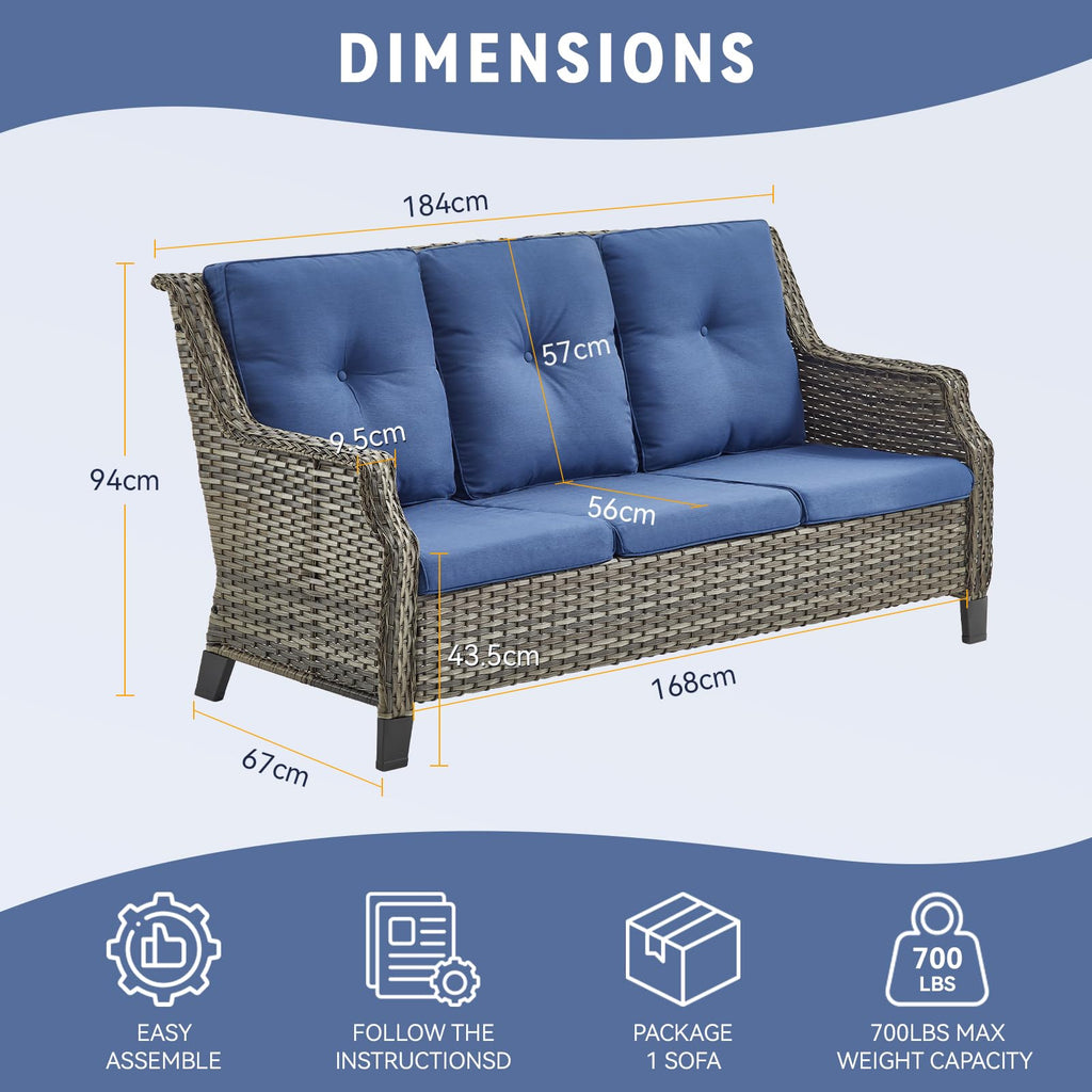 Grey Wicker 3pcs Patio Furniture Set with Blue Cushions Z663943