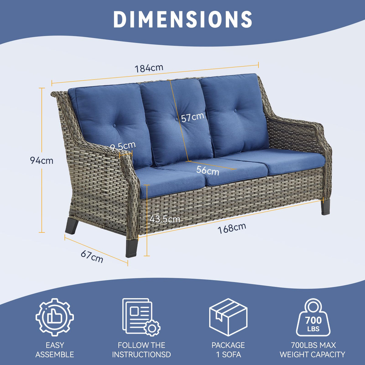 Grey Wicker 3pcs Patio Furniture Set with Blue Cushions Z663943