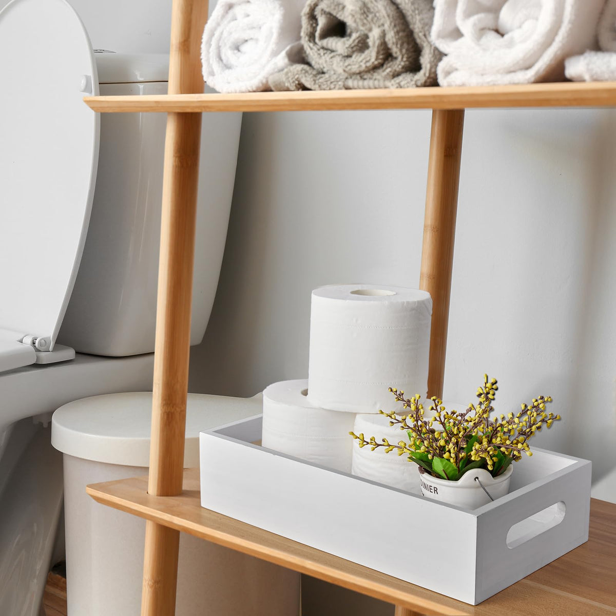 White Wooden Toilet Tank Paper Basket with Handle Z6194