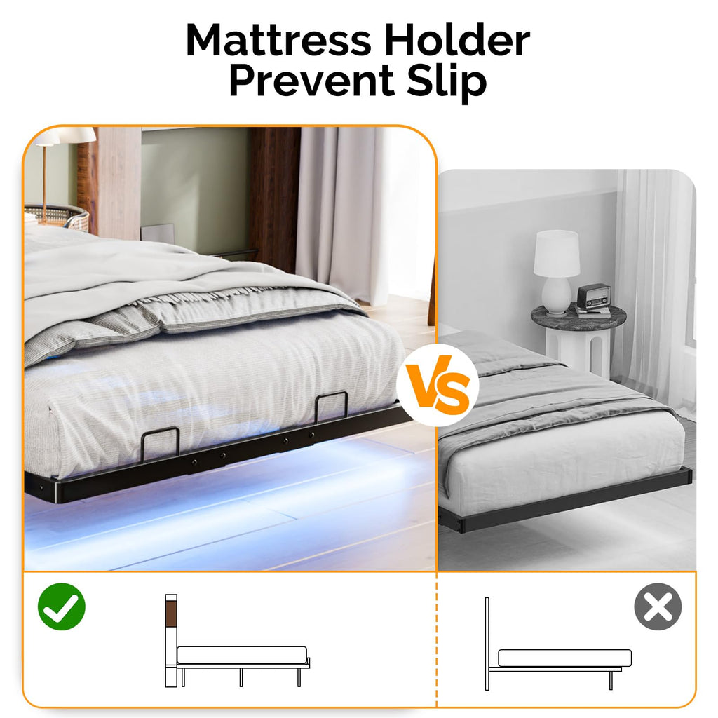 Black Twin Metal Floating Bed Frame with Charging Station and LED Lights V560