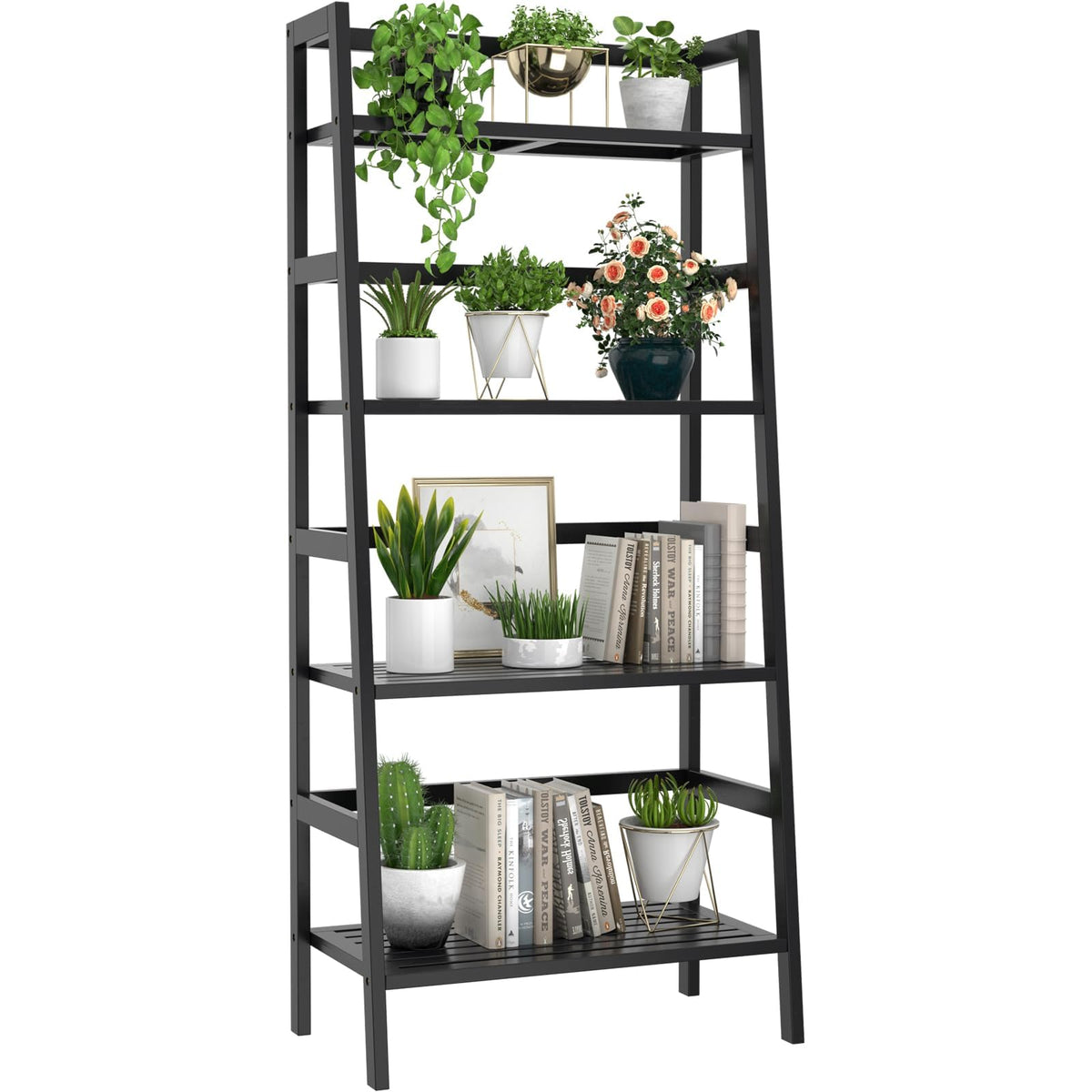 Black 4-Tier Bamboo Ladder Shelf C99186