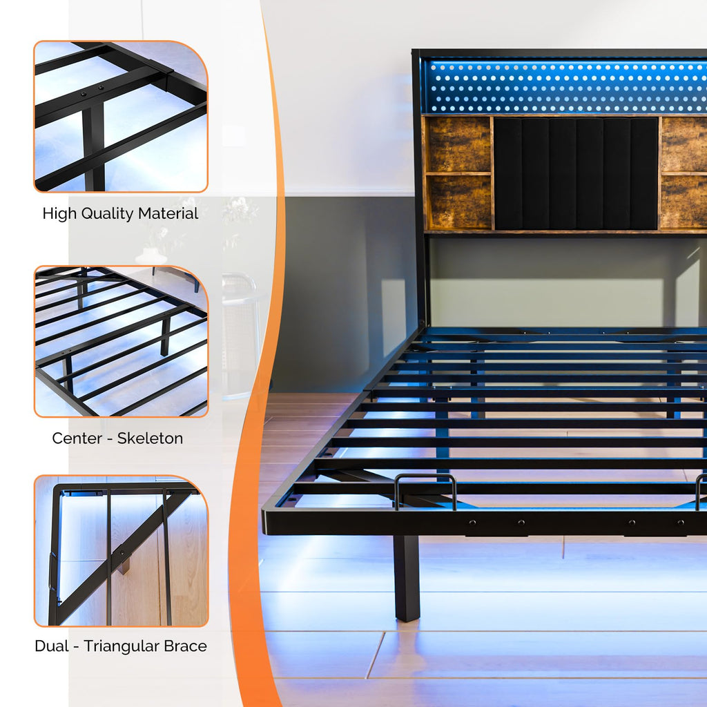 Black Twin Metal Floating Bed Frame with Charging Station and LED Lights V560