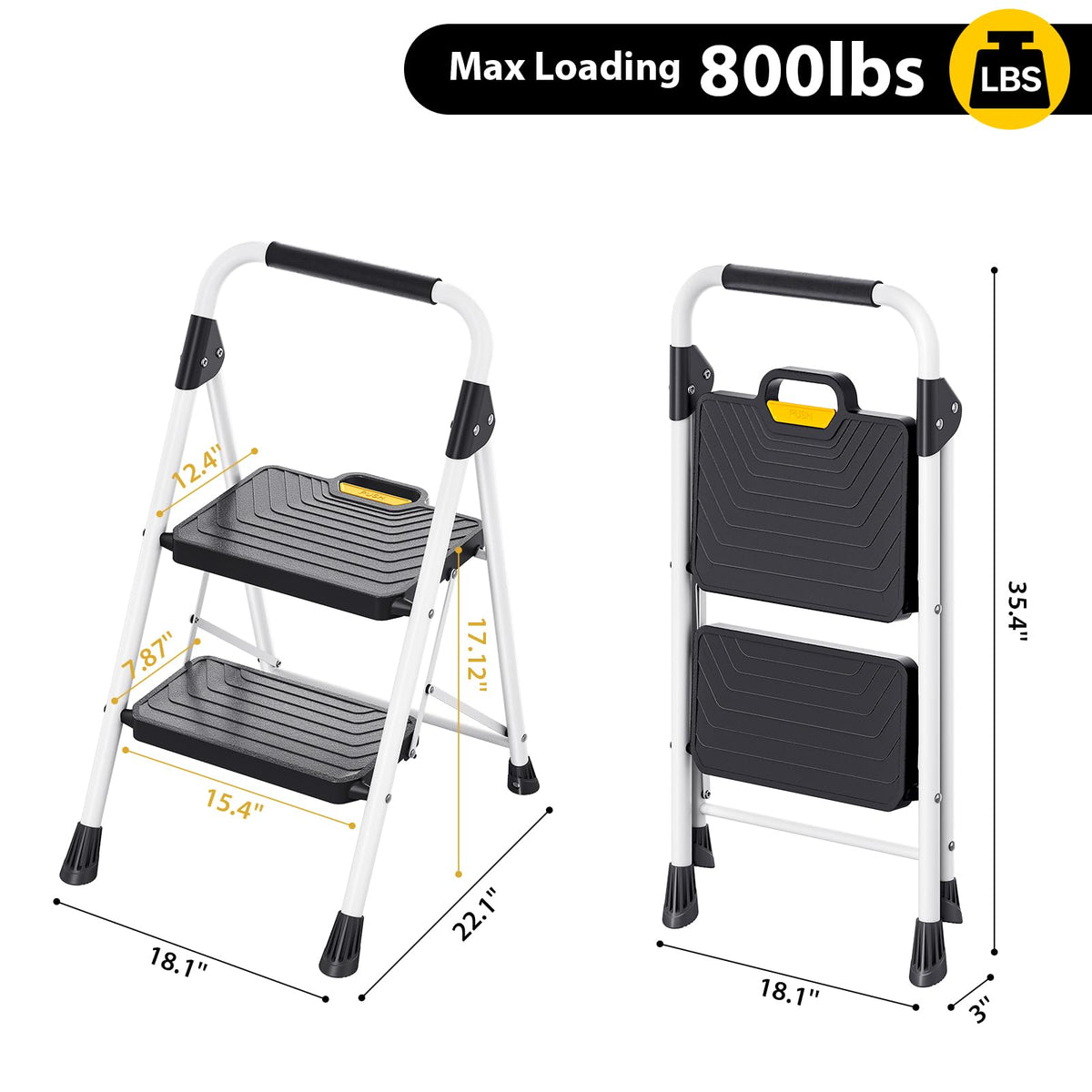 2 Step White Folding Ladder with Anti-Slip Pedals M566643