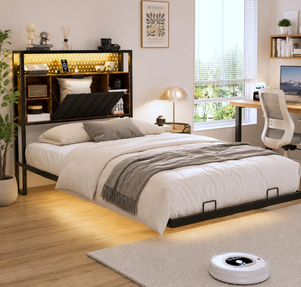 Black Twin Metal Floating Bed Frame with Charging Station and LED Lights V560