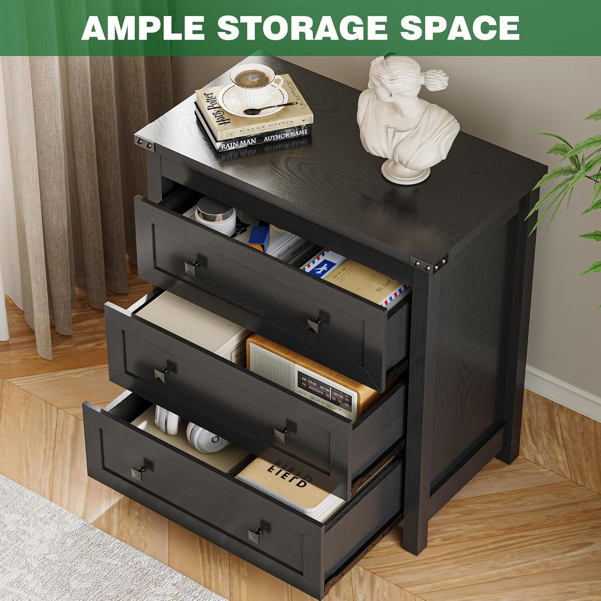 27.6" Wide Black 3 Drawer Wood Nightstand J67991
