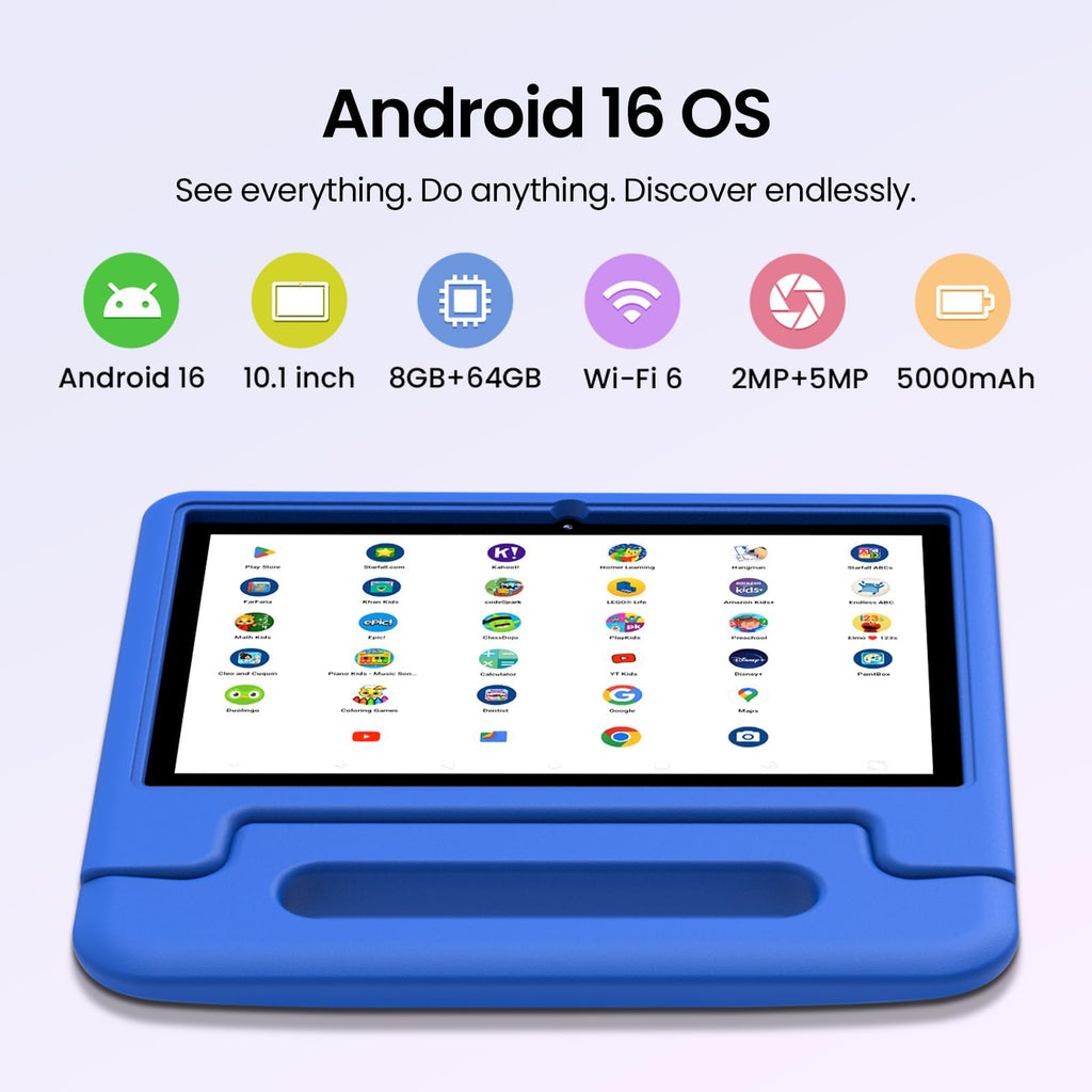 Android 16 Kids Tablet 10 Inch HD Display 8GB RAM 64GB ROM Blue Q375352