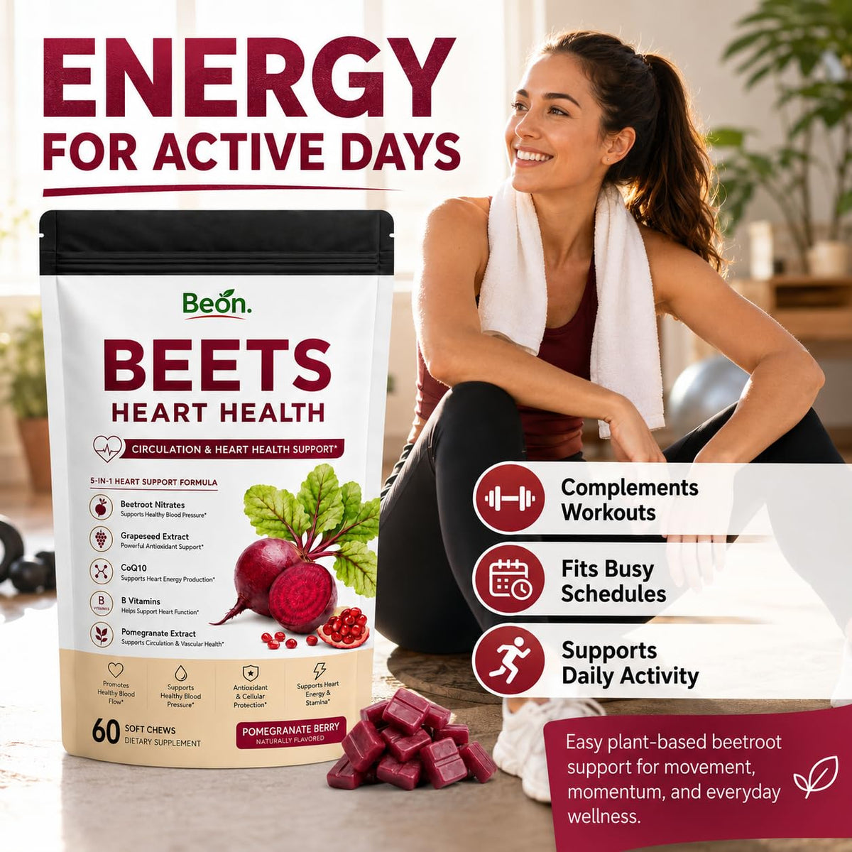 Beet Root Gummies with L-CoQ10 & Grape Seed, Sugar-Free Vegan, 60 Chew H9225