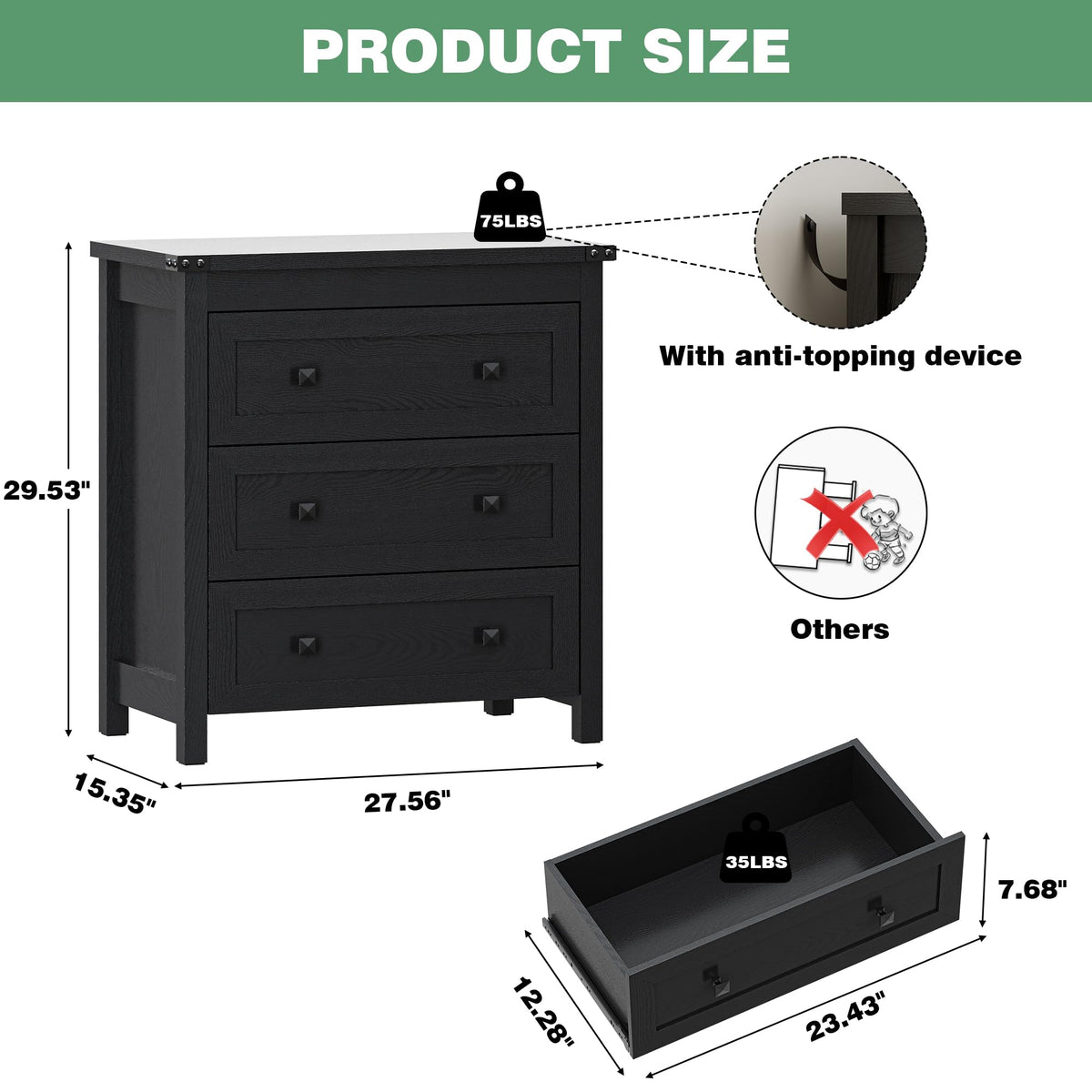 27.6" Wide Black 3 Drawer Wood Nightstand J67991