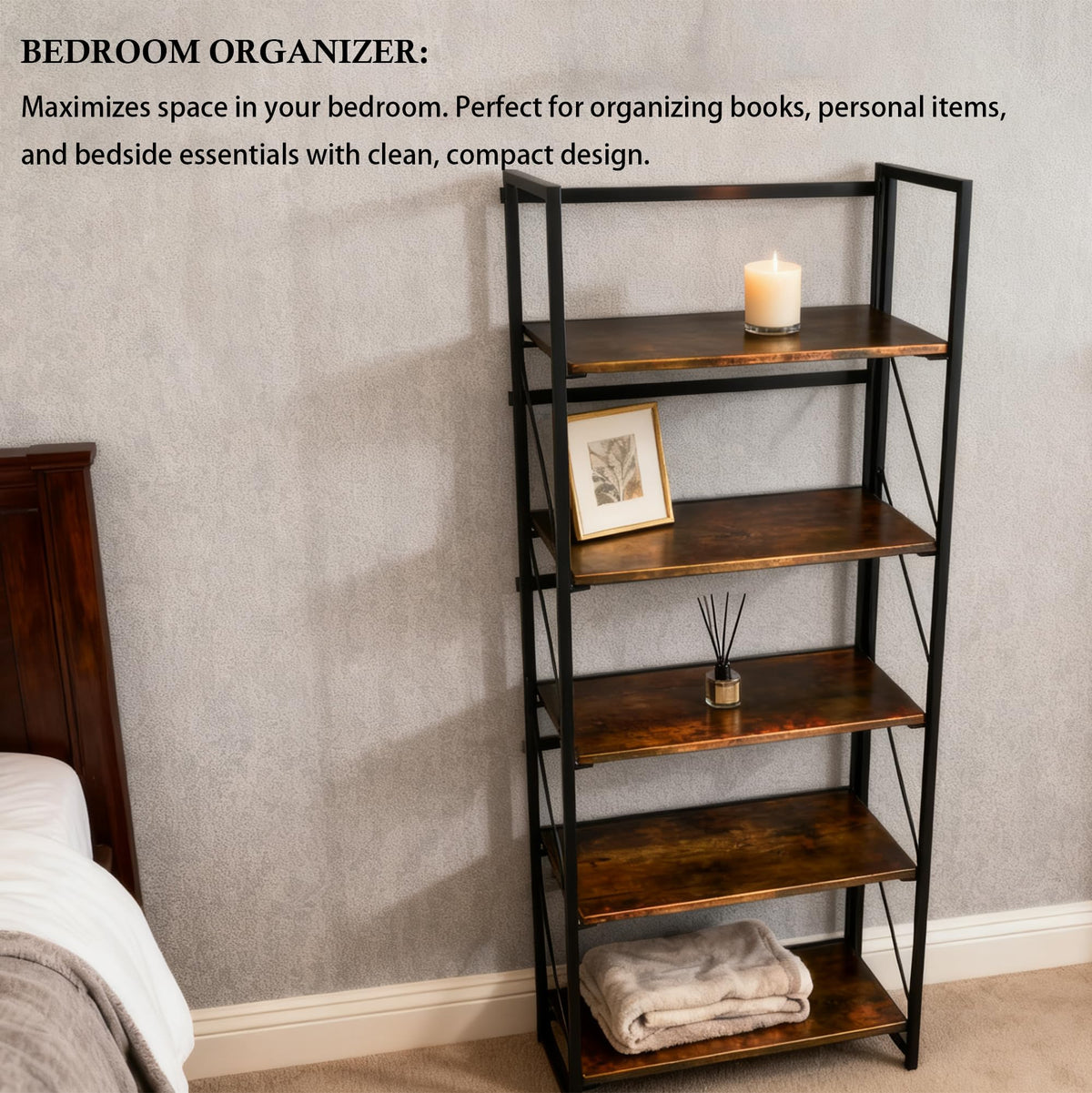 5-Tier Rustic Brown Folding Bookshelf U1134