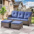 Grey Wicker 3pcs Patio Furniture Set with Blue Cushions Z663943