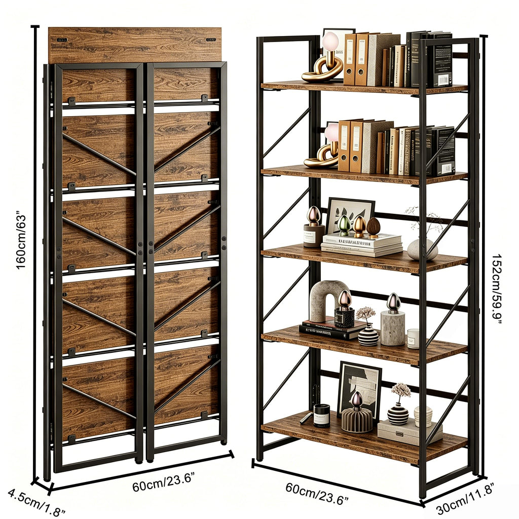 5-Tier Rustic Brown Folding Bookshelf U1134
