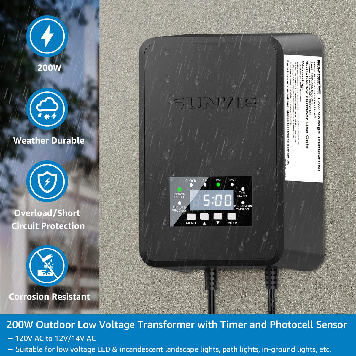 200W Landscape Lighting Transformer with Timer and Photocell Sensor A64372