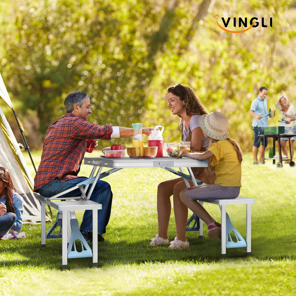 4Ft Folding Camping Picnic Table with Seats and Umbrella Hole J928