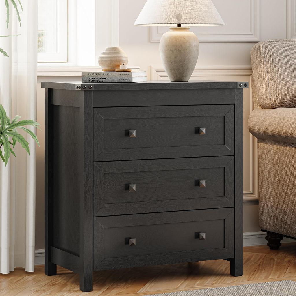 27.6" Wide Black 3 Drawer Wood Nightstand J67991
