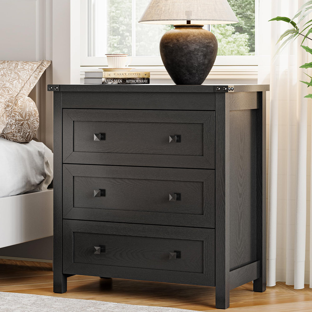 27.6" Wide Black 3 Drawer Wood Nightstand J67991