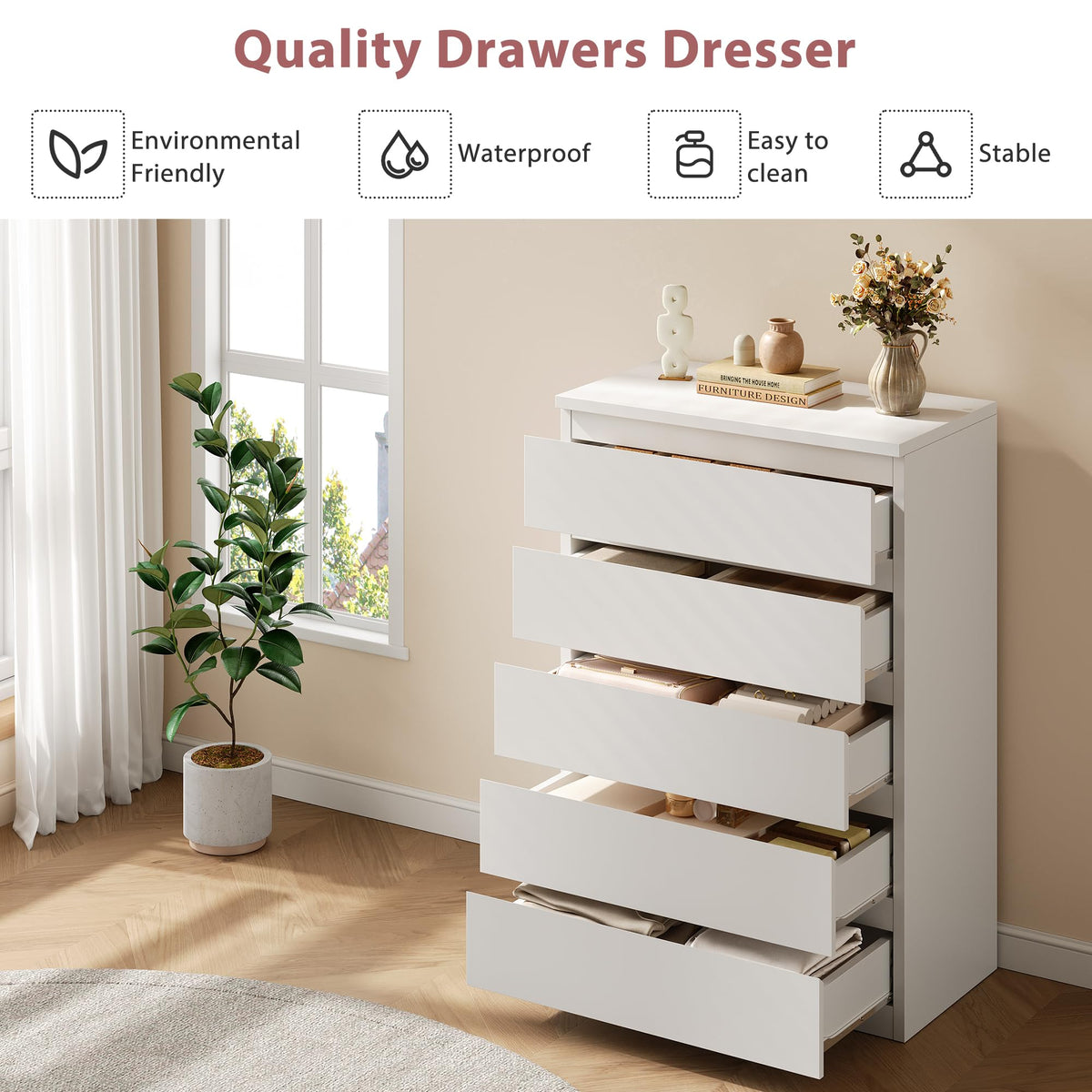 White 5 Drawer Dresser Chest of Drawers K6468
