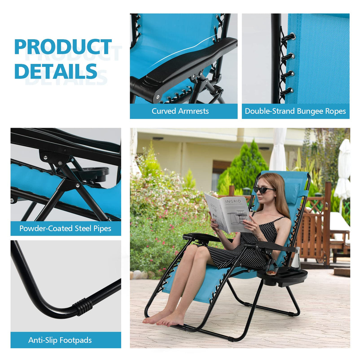 Blue Folding Reclining Lounge Chair with Side Tray Z23944