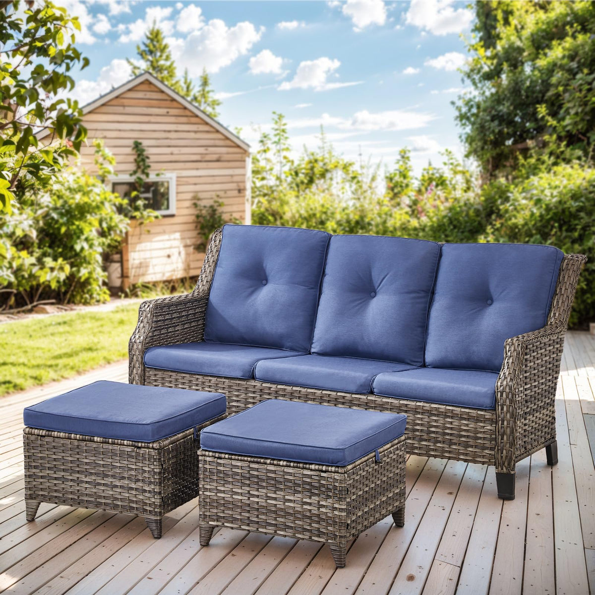 Grey Wicker 3pcs Patio Furniture Set with Blue Cushions Z663943