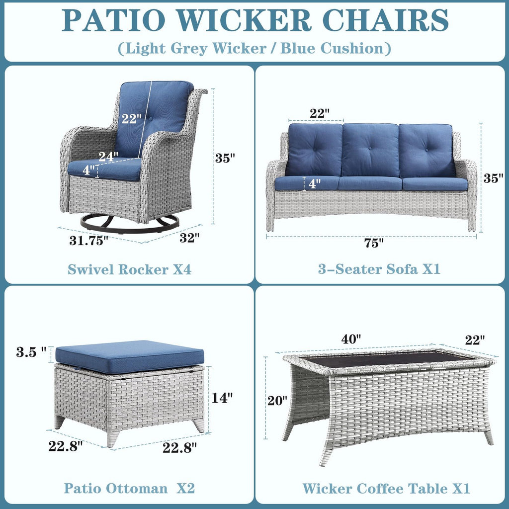 8 Piece Wicker Patio Furniture Set with Swivel Rocker Chairs and Coffee Table D47119