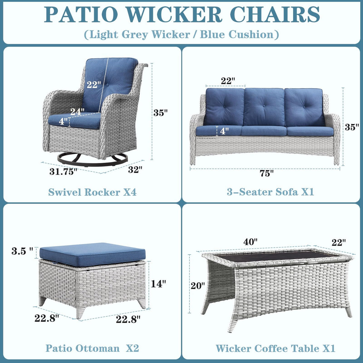 8 Piece Wicker Patio Furniture Set with Swivel Rocker Chairs and Coffee Table D47119