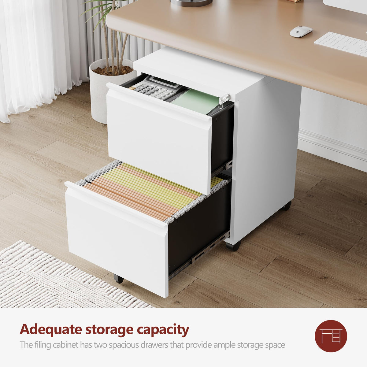 2 Drawer White Metal File Cabinet with Lock and Wheels D102565