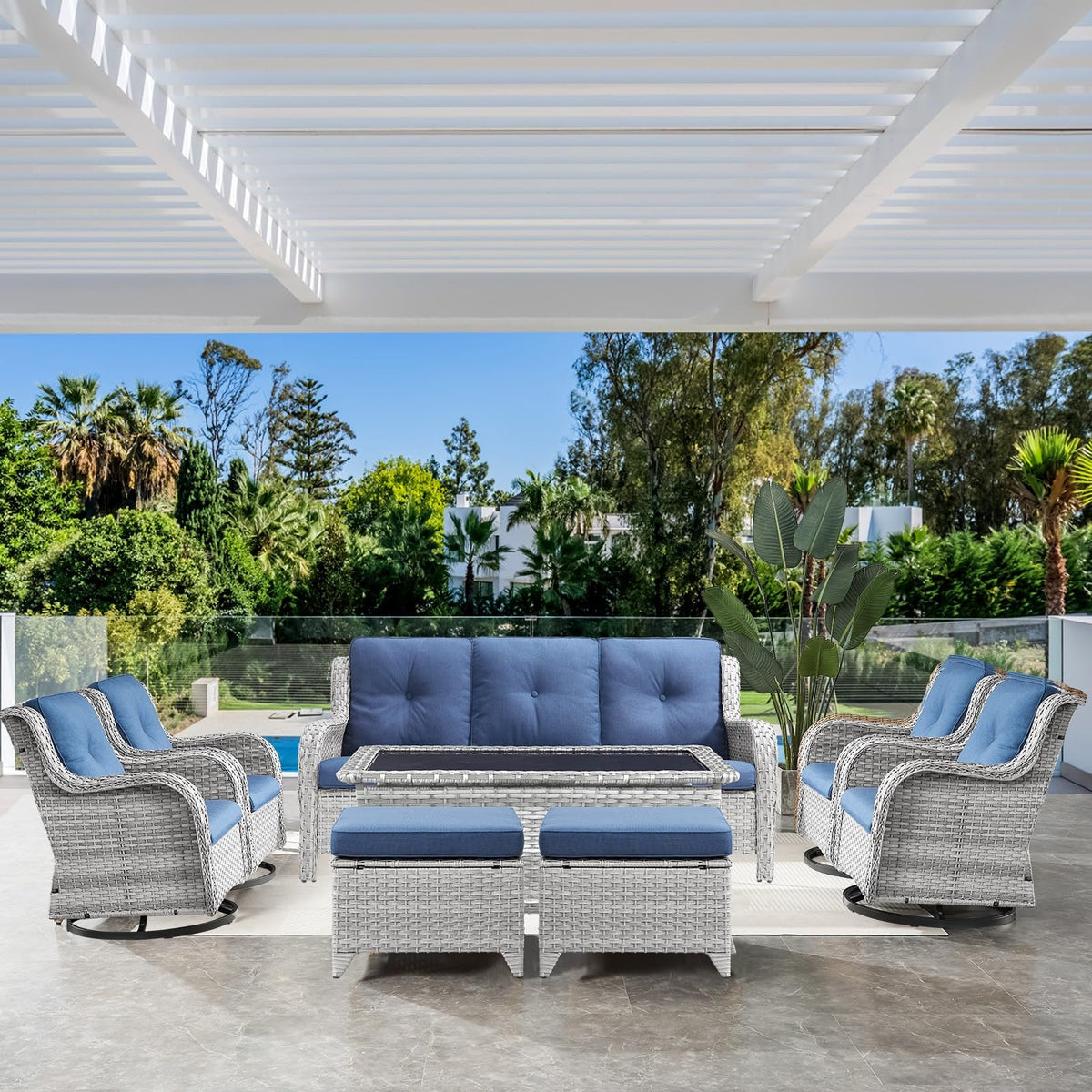 8 Piece Wicker Patio Furniture Set with Swivel Rocker Chairs and Coffee Table D47119