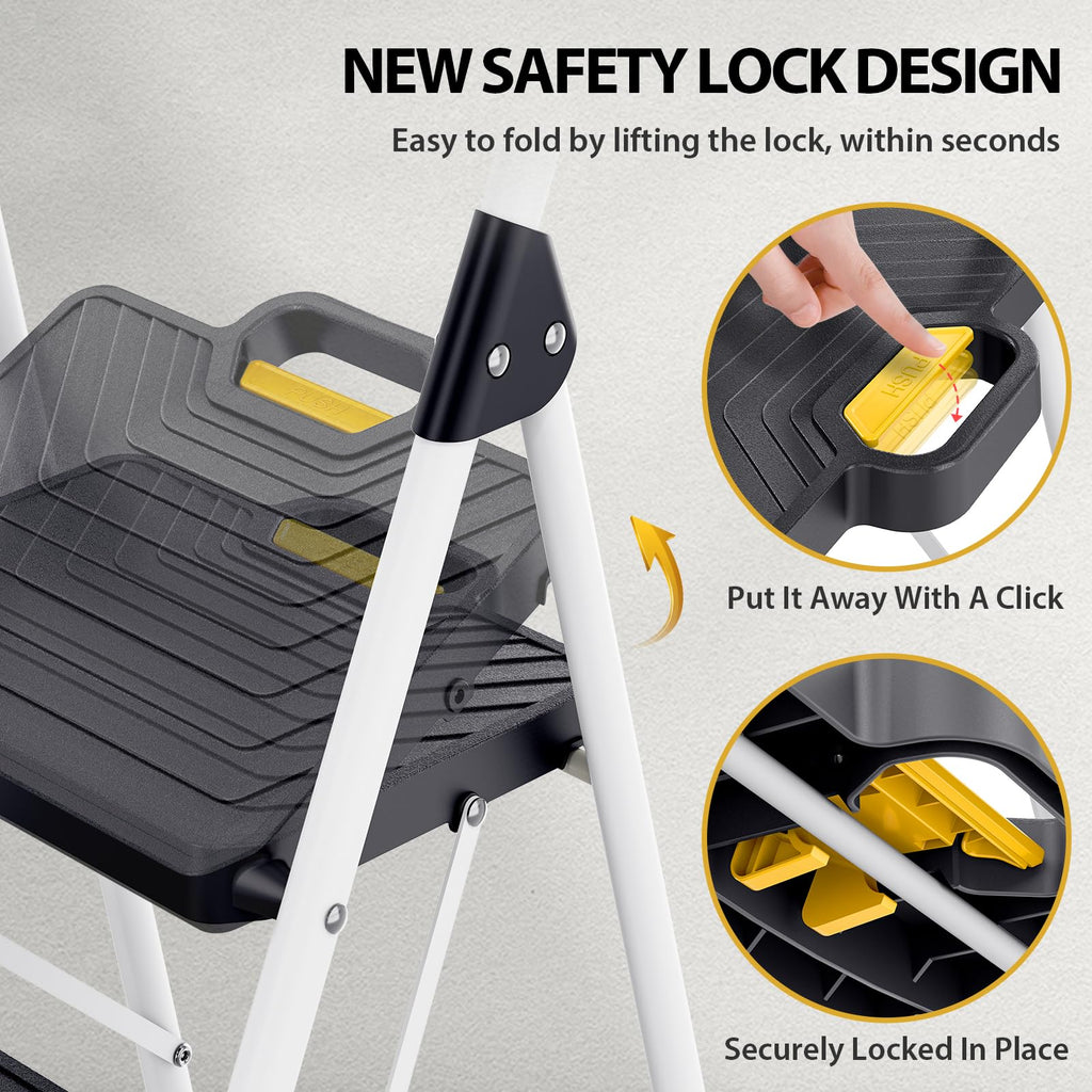 2 Step White Folding Ladder with Anti-Slip Pedals M566643