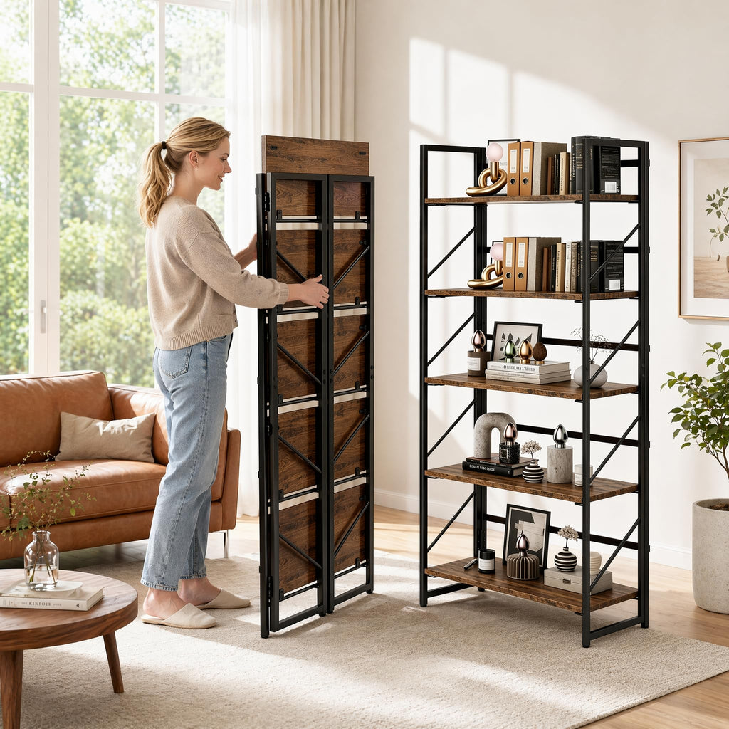 5-Tier Rustic Brown Folding Bookshelf U1134